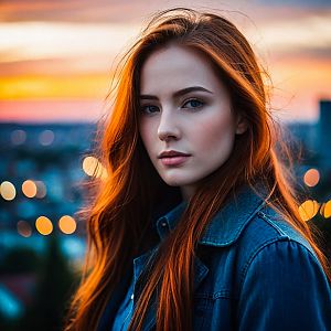 Young Woman with Red Hair in Denim Jacket at Sunset