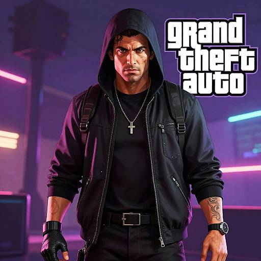 Grand Theft Auto Inspired Digital Character Portrait with Neon Urban Background
