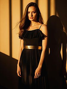 Woman in Elegant Sleeveless Sheer Black Maxi Evening Dress with Gold Belt