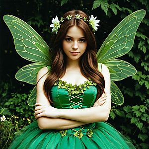 Young Woman in Green Fairy Costume with Floral Wings and Headband