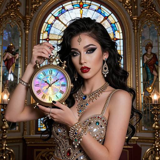 Glamorous Woman Holding Vintage Gold Clock in Ornate Gown