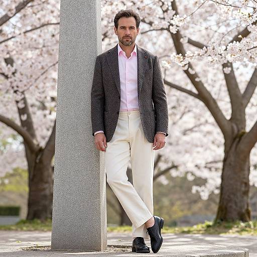 Man in Sophisticated Spring Outfit by Cherry Blossom Trees