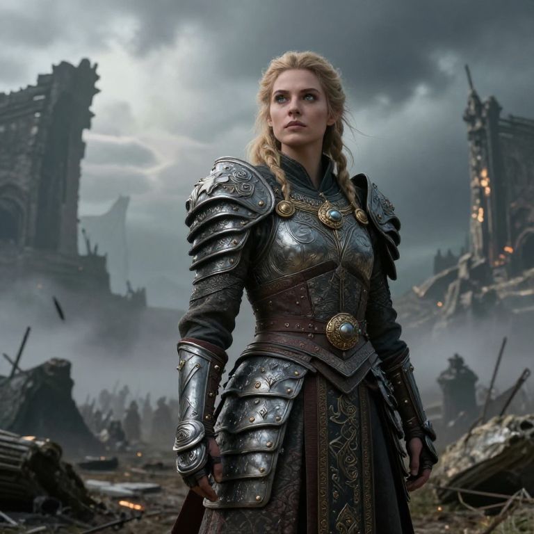 Woman Warrior in Ornate Medieval Armor on Battlefield Ruins