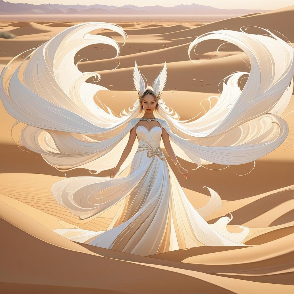 Woman in Ethereal White Gown in Desert Dunes Woman in Ethereal White Gown in Desert Dunes