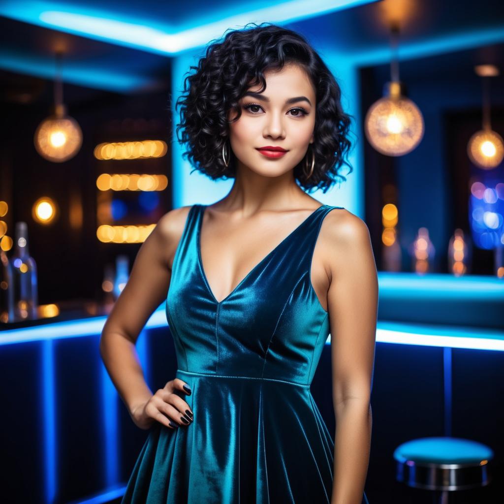 Confident Woman in Teal Velvet Dress at Modern Bar with Neon Lighting