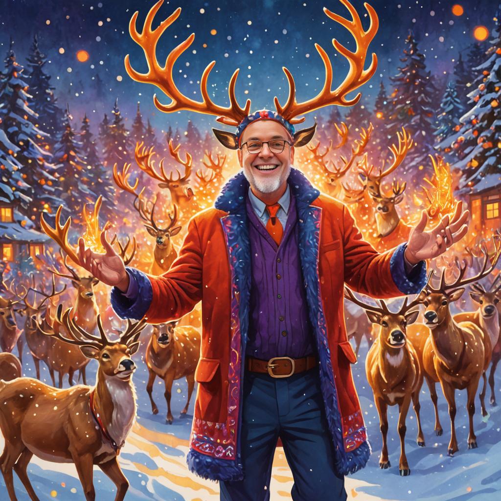 Joyful Man with Cartoon Christmas Reindeer in Festive Village