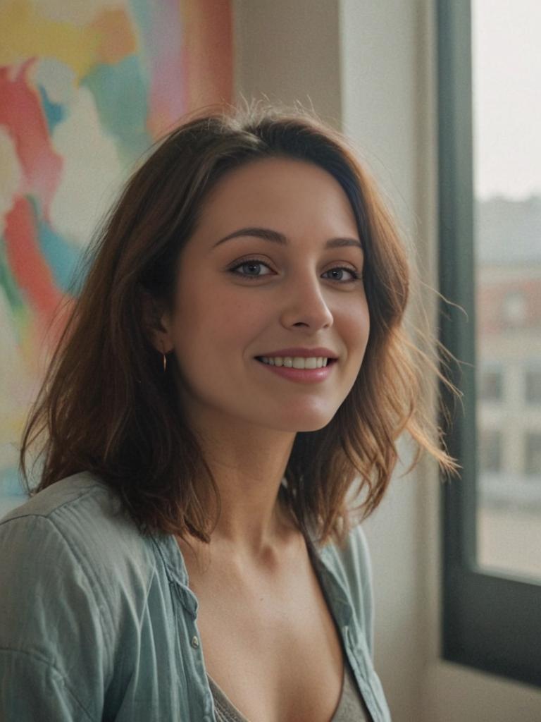 Smiling Woman with Colorful World Map Background