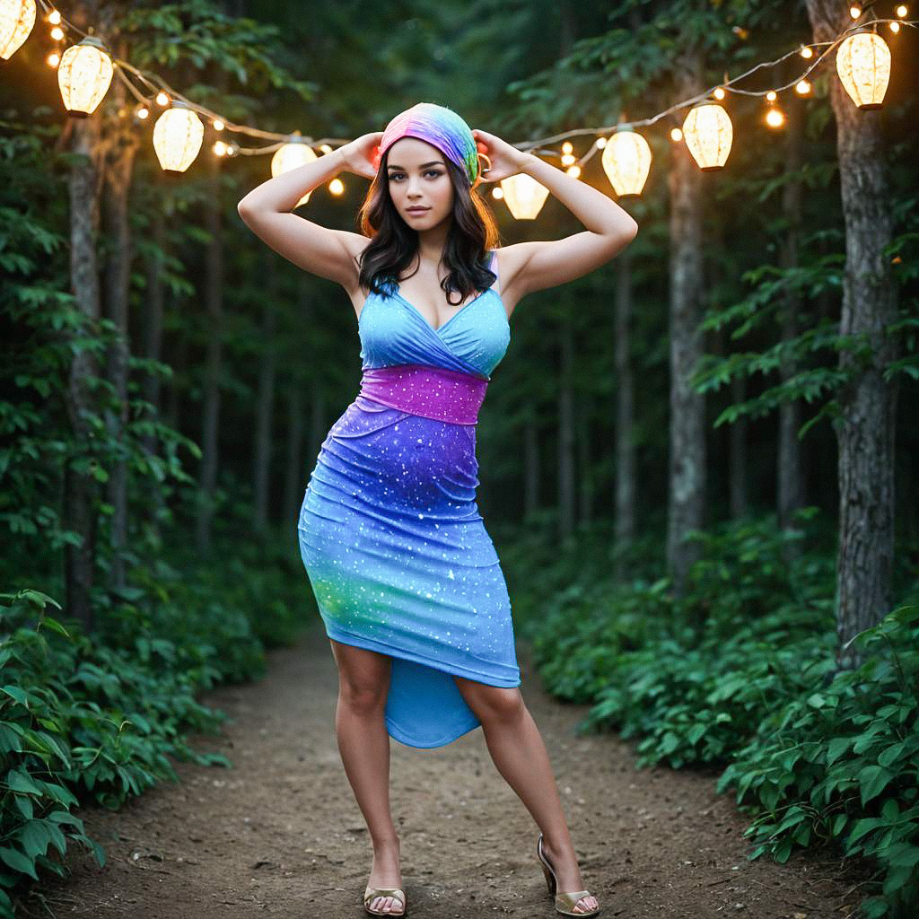 Woman in Vibrant Dress Against Lush Green Backdrop Woman in Vibrant Dress Against Lush Green Backdrop