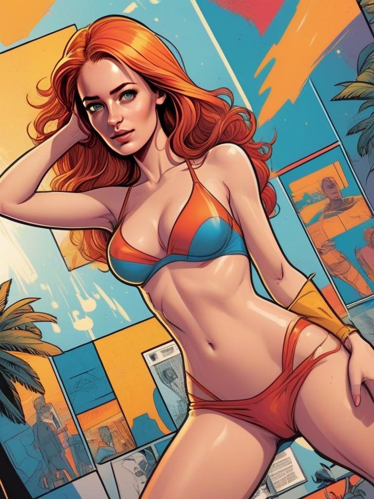 Confident Woman in Vibrant Bikini with Abstract Urban Background