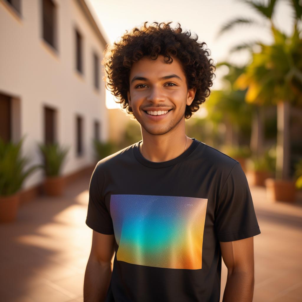 Smiling Young Man in Colorful T-Shirt Outdoors