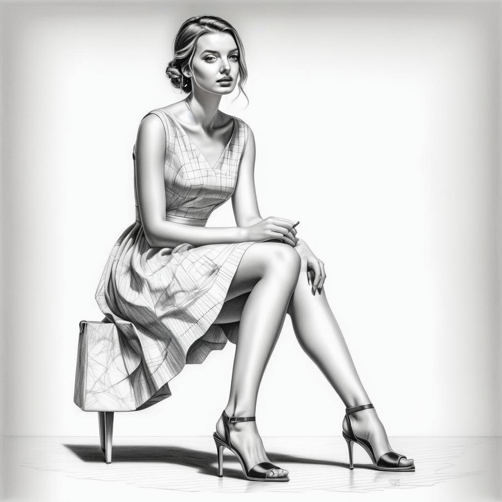 Elegant Sitting Woman in Checked Dress Digital Sketch