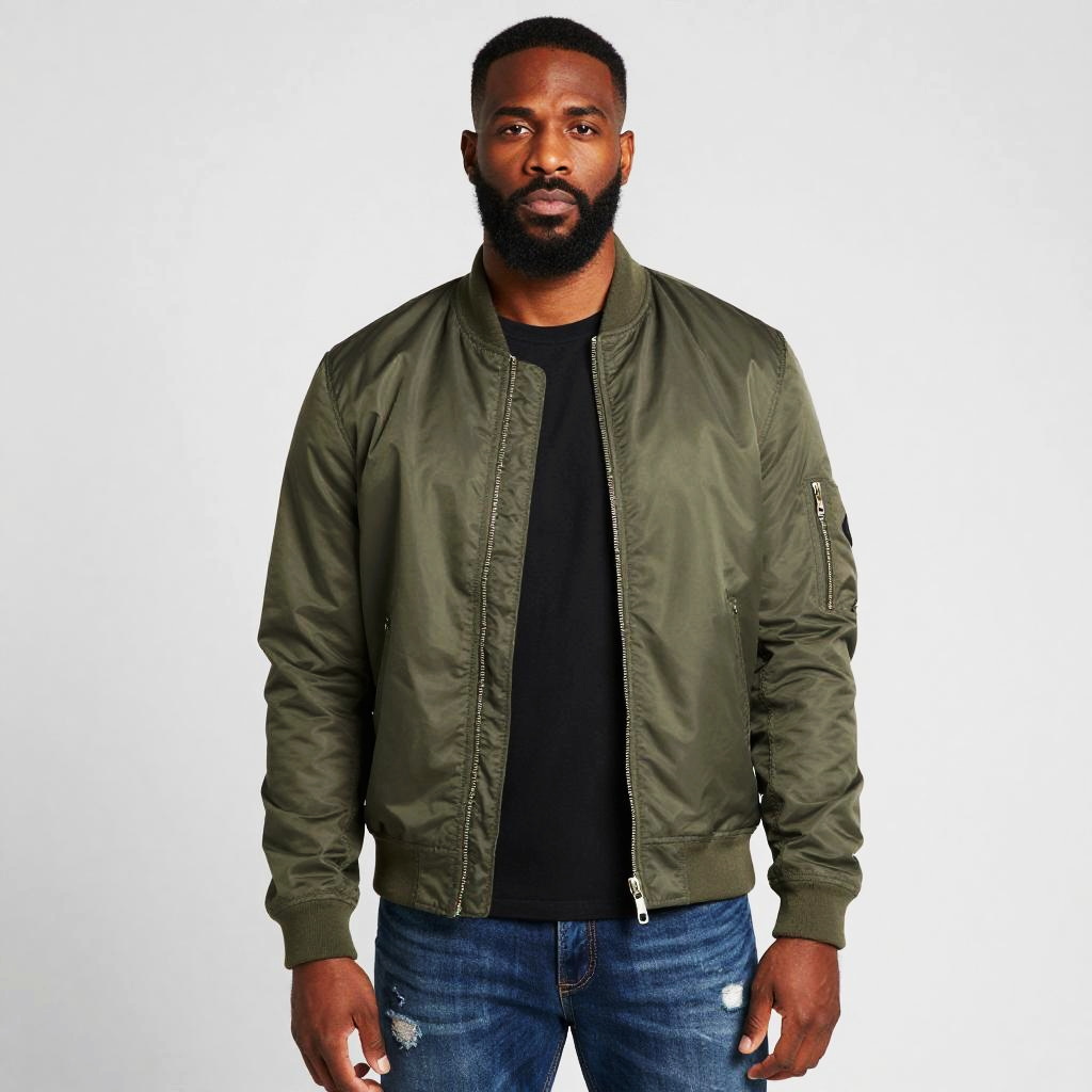 Young Man in Olive Green Bomber Jacket and Distressed Jeans Fashion Style