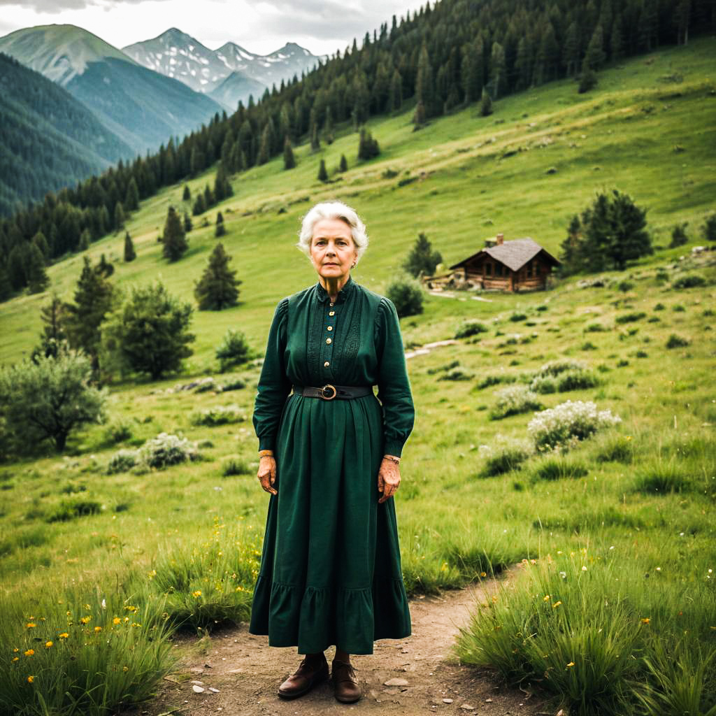 Elderly Woman in Vintage Dress in Lush Landscape