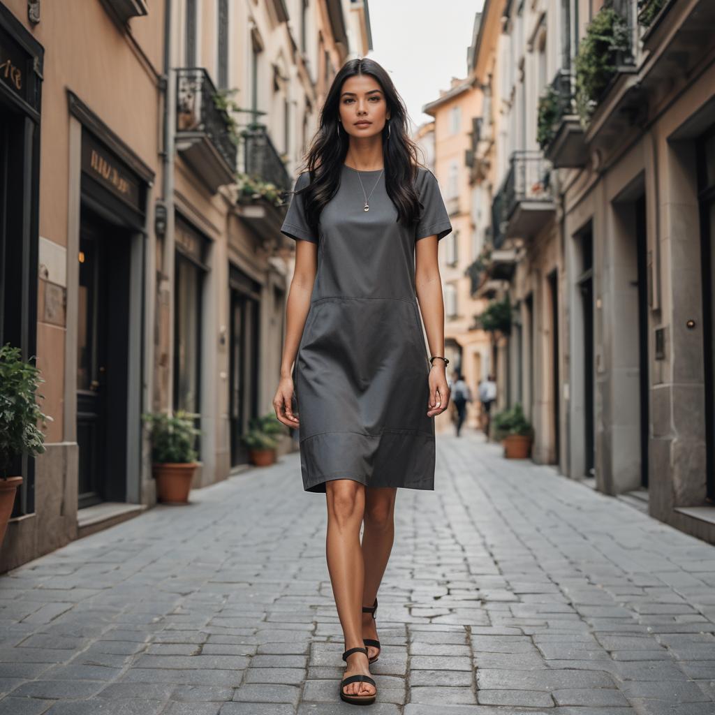 Elegant Woman Walking in Gray Dress on Cobblestone Street