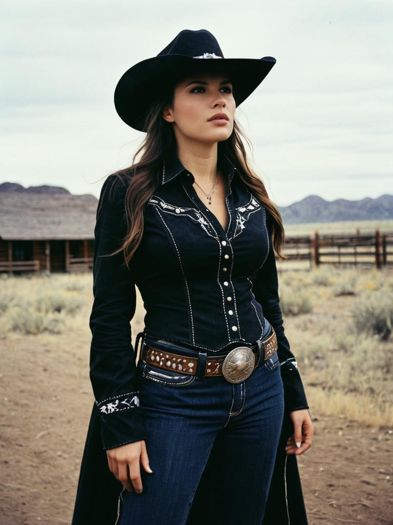 Woman in Black Cowgirl Costume in Cinematic Western Setting