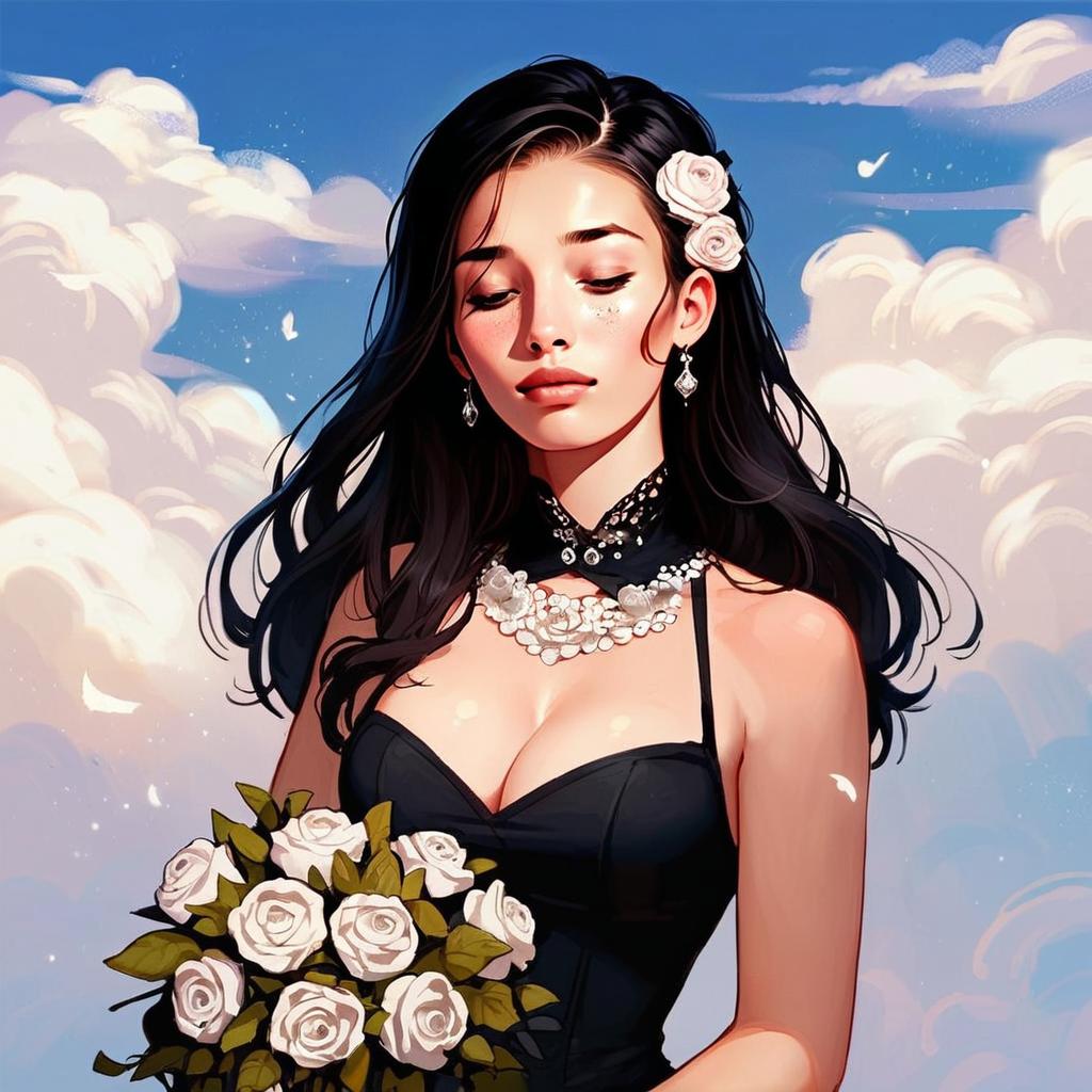 Serene Woman with White Roses in Black Dress Serene Woman with White Roses in Black Dress