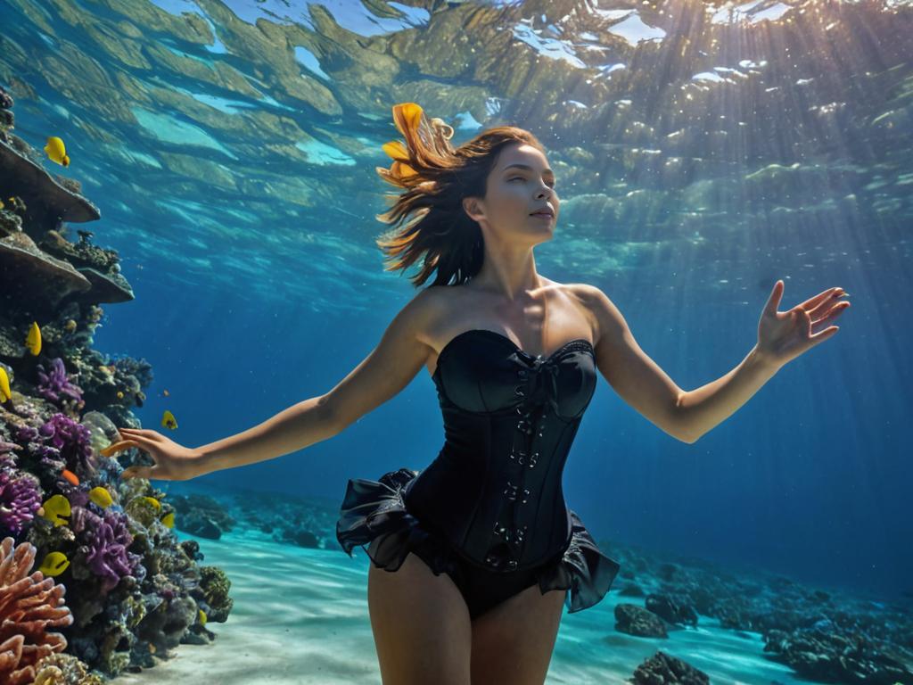 Woman in Black Corset Floating Underwater with Coral