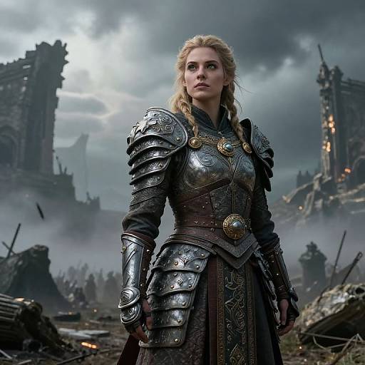 Woman Warrior in Ornate Medieval Armor on Battlefield Ruins