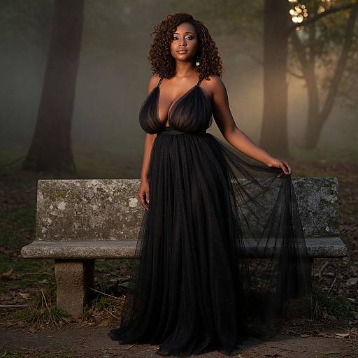 Elegant Woman in Black Tulle Gown in Misty Forest