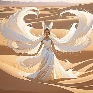 Woman in Ethereal White Gown in Desert Dunes