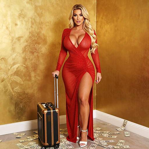 Glamorous Woman in Red Dress with Suitcase and Money