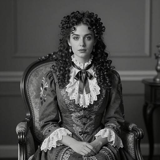 Victorian Style Woman in Elegant Embroidered Gown Sitting on Antique Chair