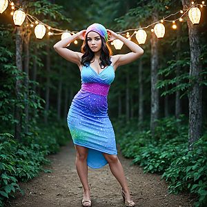 Woman in Vibrant Dress Against Lush Green Backdrop