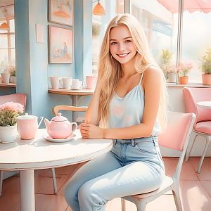 Smiling Woman at Pastel Cafe
