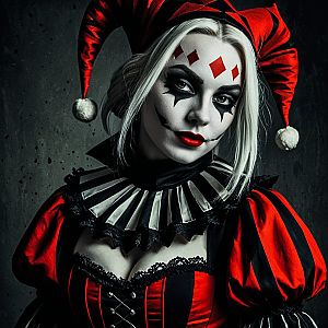 Woman in Red and Black Jester Costume