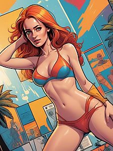 Confident Woman in Vibrant Bikini with Abstract Urban Background