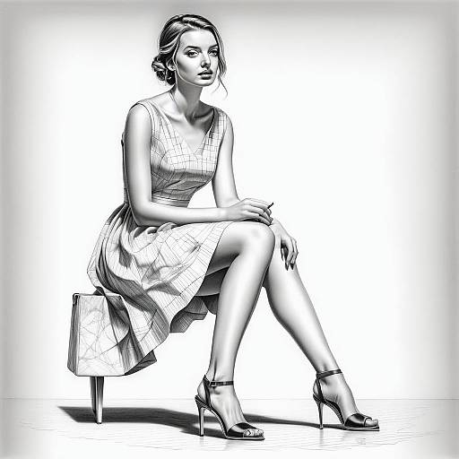Elegant Sitting Woman in Checked Dress Digital Sketch