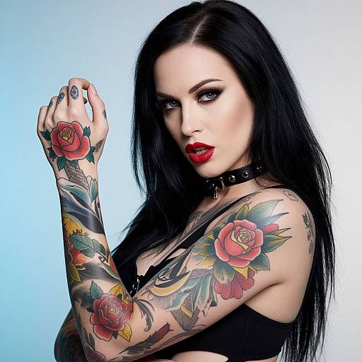 Edgy Woman with Full-Arm Rose Tattoos and Black Choker