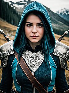 Woman in Medieval Fantasy Armor with Blue Cloak