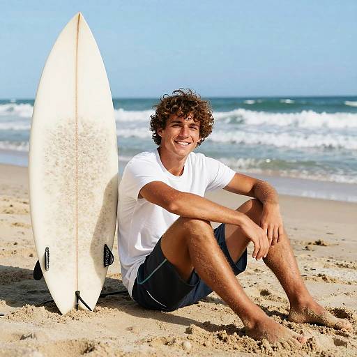 Young Surfer Sitting on Beach with Surfboard on Sunny Day