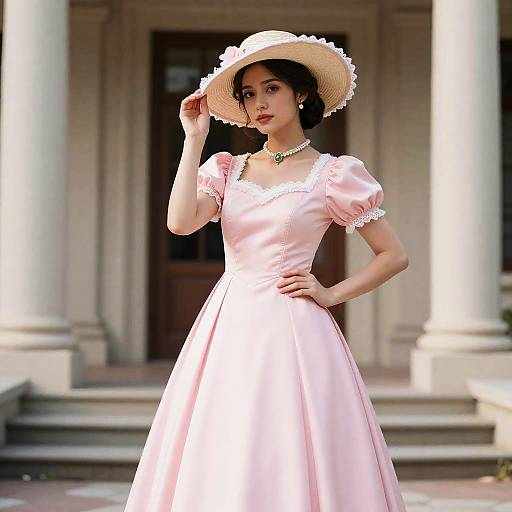 Southern Belle Woman in Pink Dress and Hat Vintage Costume