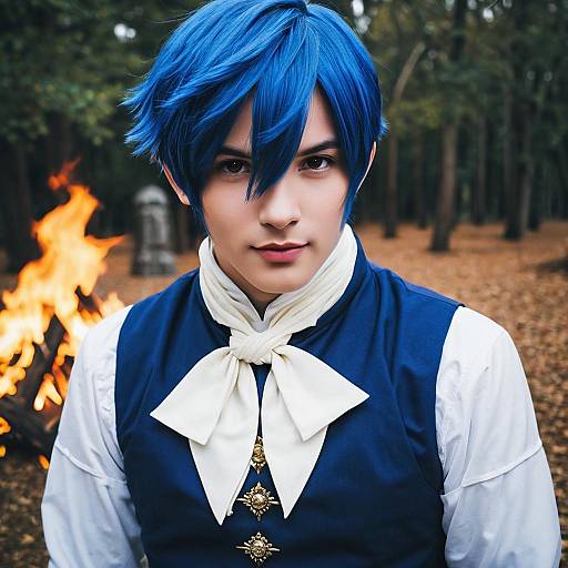 Fire Emblem Inspired Cosplay Portrait of Man with Blue Hair by Fire in Forest
