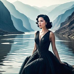 Elegant Woman in Black Gown by Serene Water and Mountains