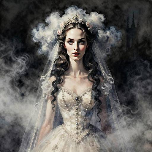 Ethereal Woman in Vintage Bridal Gown with Gothic Mist