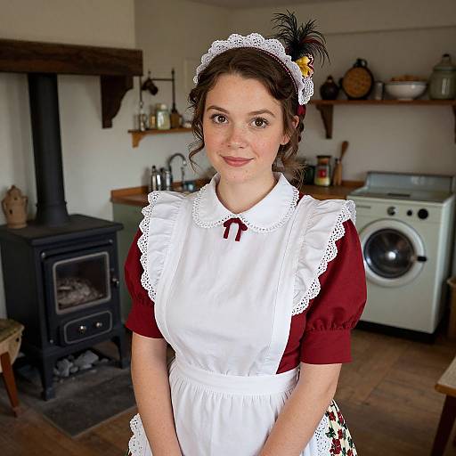 Young Woman in Vintage Maid Costume in Rustic Kitchen