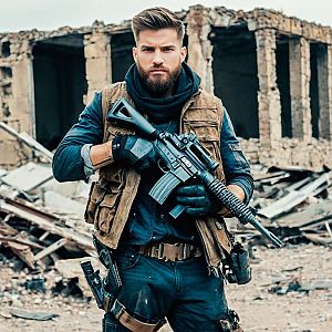 Rugged Man in Tactical Gear with Assault Rifle in War-Torn Ruins