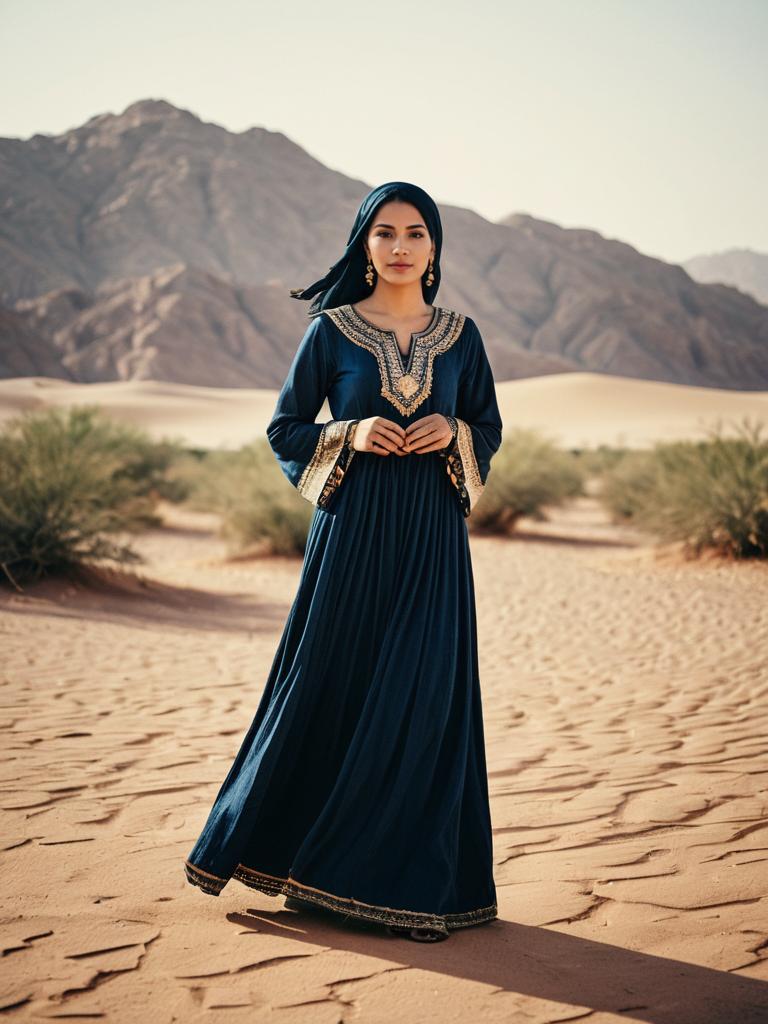 Woman in Traditional Arabian Dress Standing in Desert Landscape