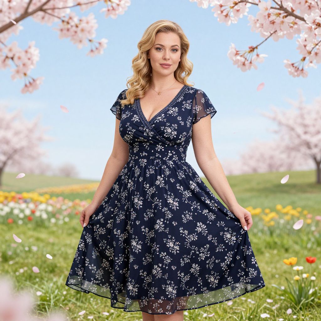 Woman in Navy Blue Floral Dress in Spring Garden with Cherry Blossoms