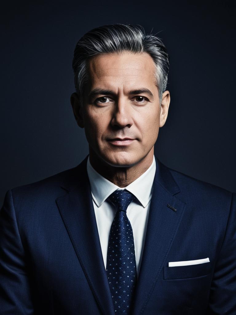 Professional Man in Navy Blue Suit with Black Shirt Photorealistic Studio Portrait