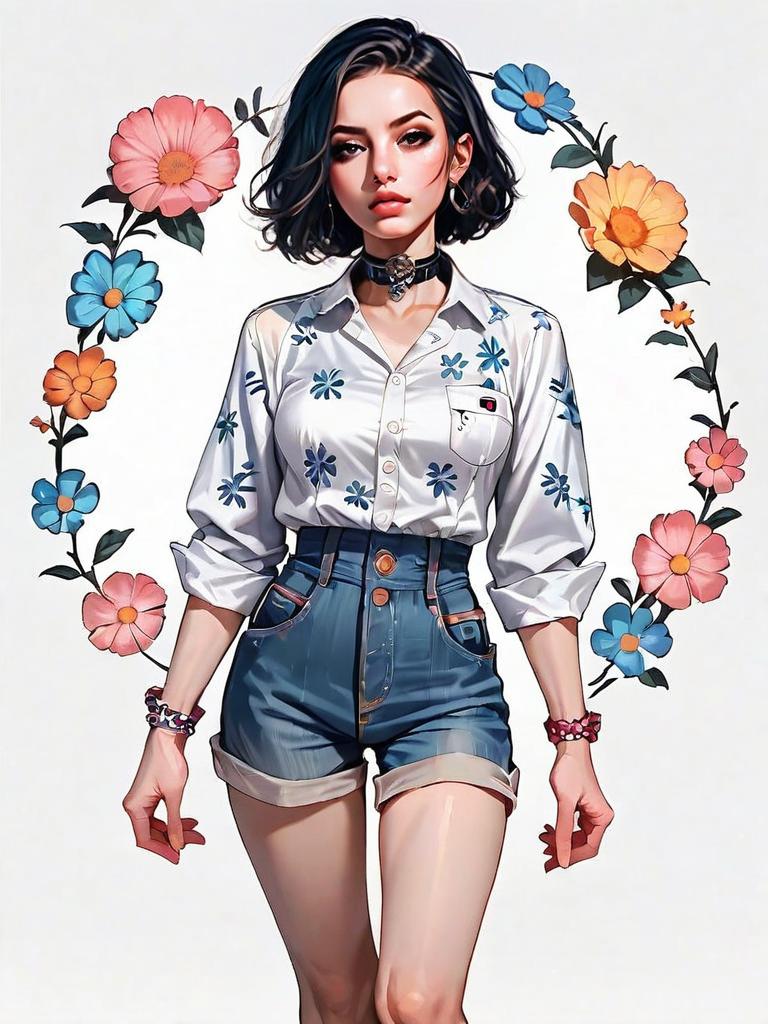 Realistic Digital Art of Woman in Floral Shirt and Denim Shorts with Flower Frame