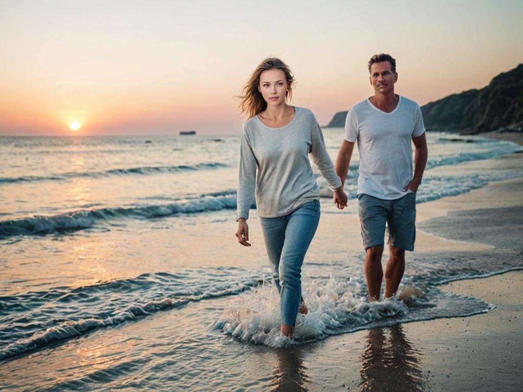 Couple walking on beach at sunset