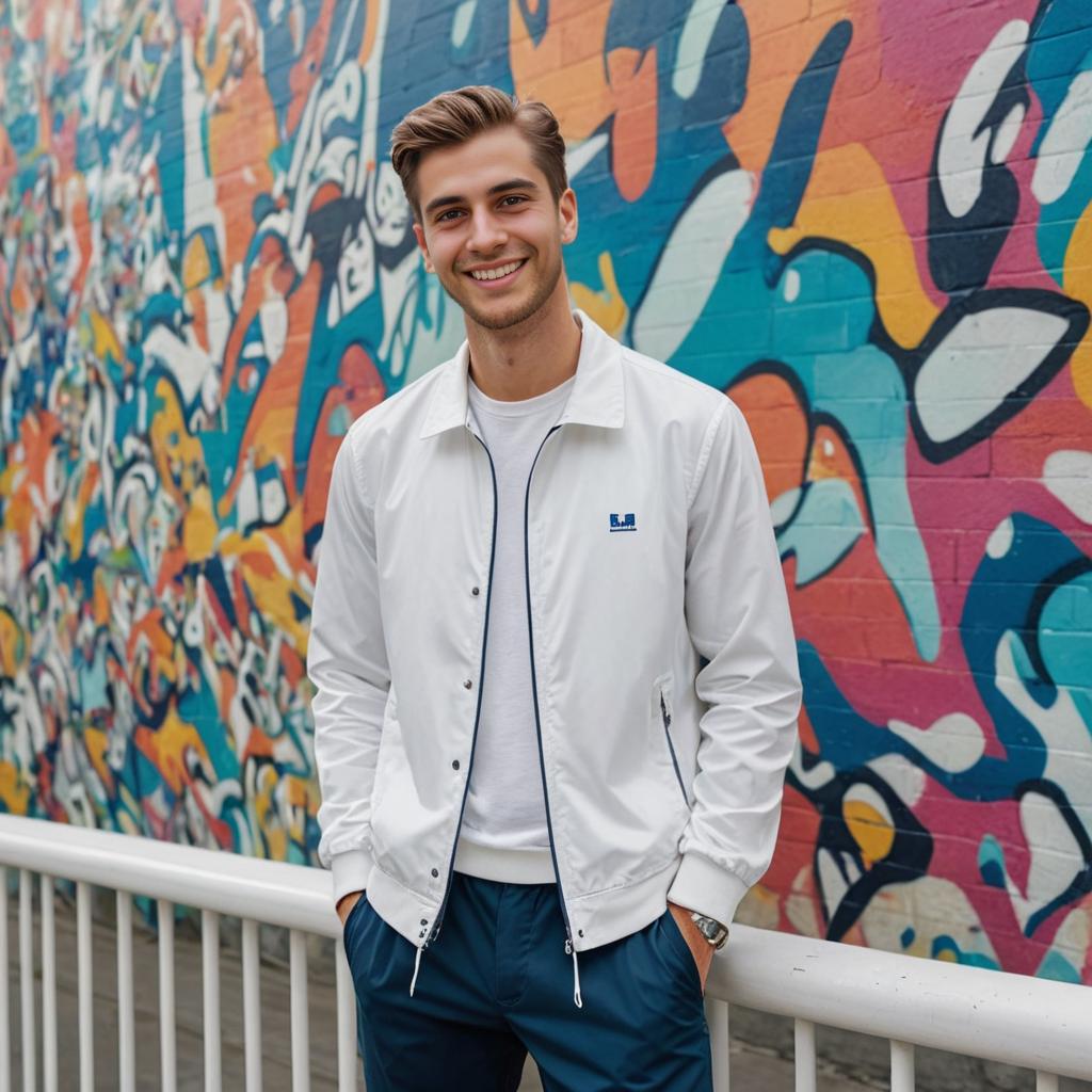 Man in White Jacket Against Colorful Graffiti Wall