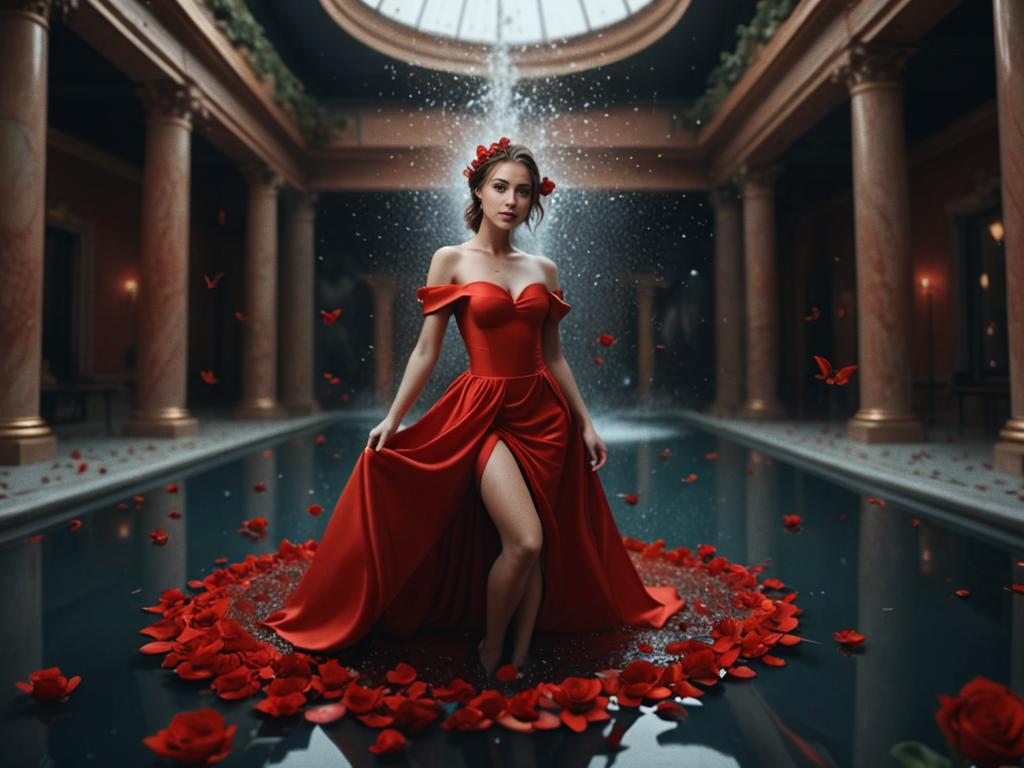 Woman in Red Dress in Luxurious Setting