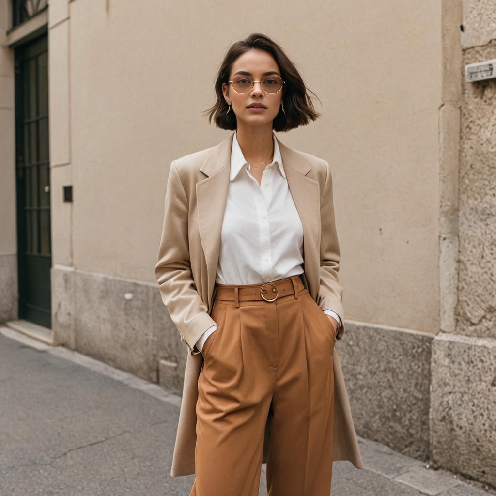 Chic Woman in Beige Blazer on City Street