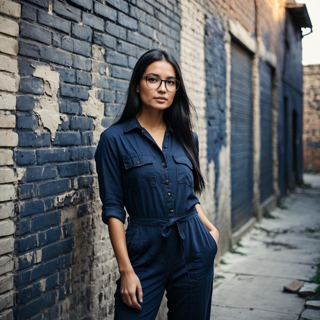 Confident Woman in Navy Blue Jumpsuit Against Urban Brick Wall