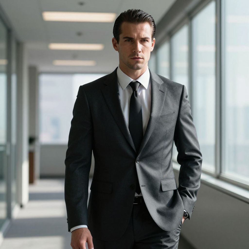 Confident Businessman in Dark Gray Suit Walking in Office Corridor